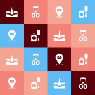 Set pop art Human hair follicle, Eyelash curler, Smiling lips and Bottle of nail polish icon. Vector