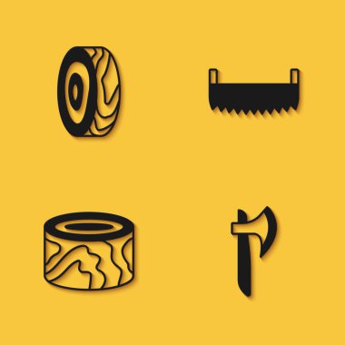 Set Tree rings, Wooden axe, logs and Two-handed saw icon with long shadow. Vector