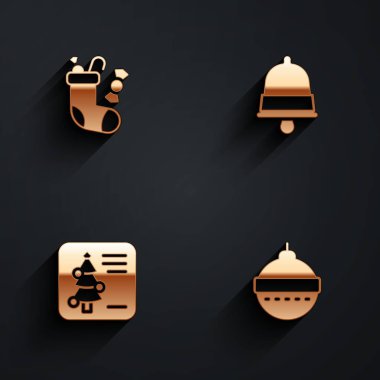 Set Christmas stocking, ringing bell, postcard and ball icon with long shadow. Vector