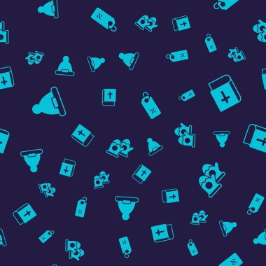 Set Christmas Santa Claus hat Holy bible book Discount percent tag and mittens on seamless pattern. Vector.