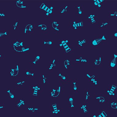 Set Fishing rod and fish skeleton Lighthouse and Hand ice drill on seamless pattern. Vector.