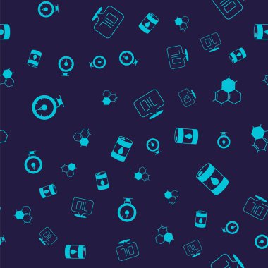 Set Motor gas gauge Molecule oil Word and Barrel on seamless pattern. Vector.