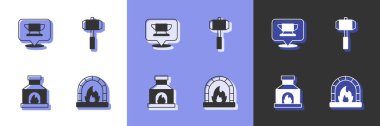 Set Blacksmith oven anvil tool and Sledgehammer icon. Vector.