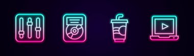 Set line Sound mixer controller CD disk award in frame Paper glass with water and Online play video. Glowing neon icon. Vector.