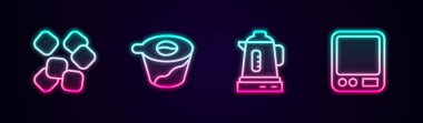 Set line Sugar cubes Pour over coffee maker Electric kettle and Electronic scales. Glowing neon icon. Vector.