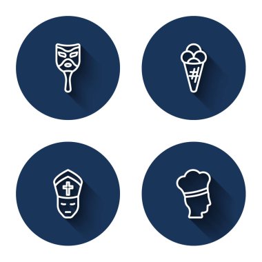 Set line Carnival mask Ice cream in waffle Pope and Italian cook with long shadow. Blue circle button. Vector.