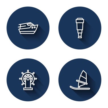 Set line Speedboat Spyglass telescope lens Ship steering wheel and Windsurfing with long shadow. Blue circle button. Vector.