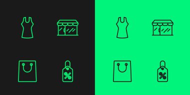 Set line Discount percent tag Paper shopping bag Woman dress and Market store icon. Vector.