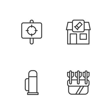 Set line Quiver with arrows Thermos container Target sport and Hunting shop icon. Vector.