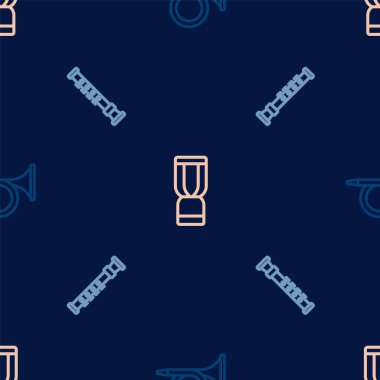 Set line Trumpet Flute and African djembe drum on seamless pattern. Vector.