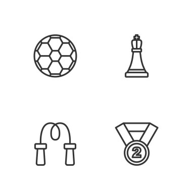 Set line Medal Jump rope Soccer football ball and Chess icon. Vector.