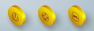 Set Isometric line Computer mouse Game controller or joystick and Level game icon. Vector.