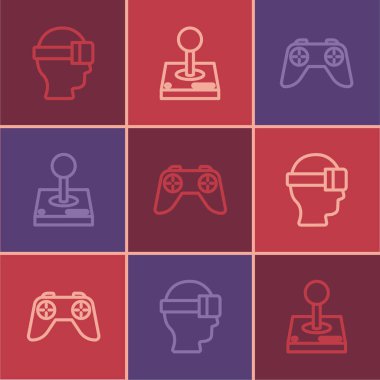 Set line Virtual reality glasses Game controller or joystick and Joystick for arcade machine icon. Vector.