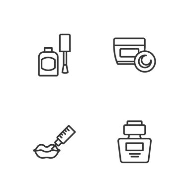 Set line Perfume Lip augmentation Bottle of nail polish and Cream or lotion cosmetic tube icon. Vector.