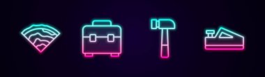 Set line Wooden beam Toolbox Hammer and plane tool. Glowing neon icon. Vector.