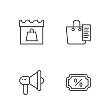 Set line Discount percent tag Megaphone Shopping day and list icon. Vector.