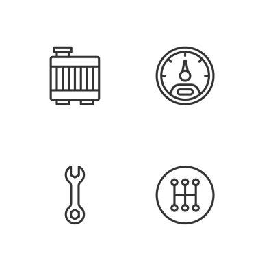 Set line Gear shifter Wrench spanner Car radiator cooling system and Speedometer icon. Vector.