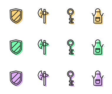 Set line Old key Shield Medieval axe and Blacksmith apron icon. Vector.