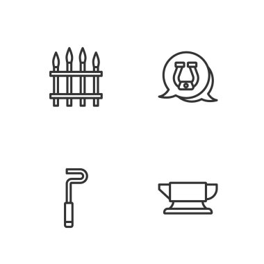 Set line Blacksmith anvil tool Fire poker Classic iron fence and Horseshoe icon. Vector.