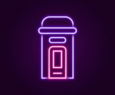 Parlayan neon hattı Londra telefon kulübesi simgesi siyah arka planda izole edildi. Londra 'daki klasik İngiliz telefon kulübesi. İngiliz telefon kulübesi. Renkli taslak konsepti. Vektör.