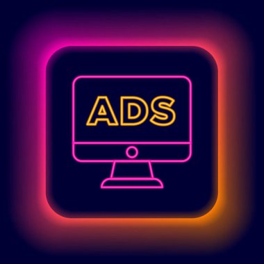 Parlayan neon hattı reklam simgesi siyah arkaplanda izole edildi. Pazarlama ve tanıtım süreci kavramı. İlgili reklamlar. Sosyal medya reklamcılığı. Renkli taslak konsepti. Vektör.