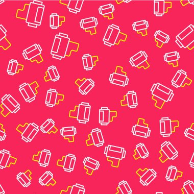 Çizgi Kamera klasik film rulo kartuş ikonu kırmızı arkaplanda izole edilmiş kusursuz desen. 35 mm 'lik film kutusu. Film şeridi fotoğrafçı ekipmanı. Vektör.