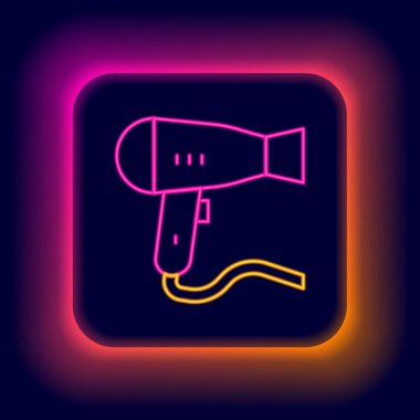 Parlayan neon hattı saç kurutma ikonu siyah arkaplanda izole edildi. Saç kurutma makinesi tabelası. Saç kurutma sembolü. Sıcak hava üflüyor. Renkli taslak konsepti. Vektör.