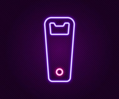 Parlayan neon hattı şişe açacağı simgesi siyah arkaplanda izole edildi. Renkli taslak konsepti. Vektör.