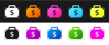 Evrak çantası ve para simgesi siyah beyaz arkaplanda izole edildi. İş ilanı. İş portföyü. Vektör.