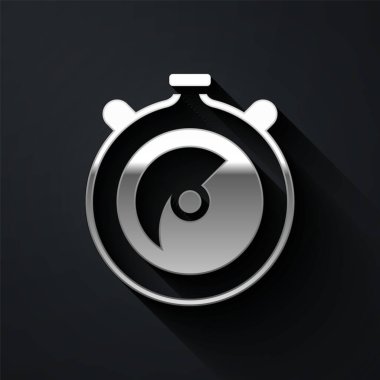 Gümüş Kronometre simgesi siyah arkaplanda izole edildi. Zaman göstergesi. Kronometre işareti. Uzun gölge tarzı. Vektör.