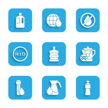 Set Big bottle with clean water Jug glass Bottle of Water jug filter Test tube drop Chemical formula for H2O forbidden and icon. Vector.