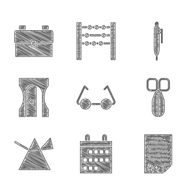 Set Glasses Calendar Exam sheet with A plus grade Scissors Light rays in prism Pencil sharpener and School backpack icon. Vector.