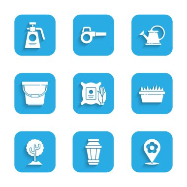 Set Corn in the sack Garden light lamp Location with flower Fresh grass rectangular Tree Bucket Watering can and sprayer for fertilizer icon. Vector.