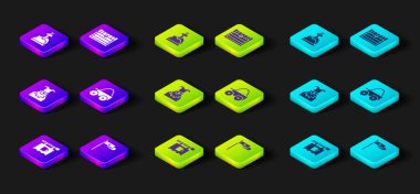 Set Street signboard with Bar Medieval flag Joker head Wooden four-wheel cart Antique treasure chest and Sword in the stone icon. Vector.