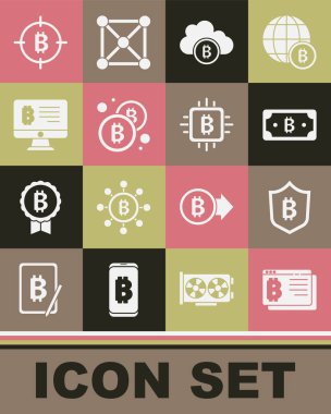 Set Bitcoin in browser Shield with bitcoin Cryptocurrency cloud mining Mining from monitor the target and CPU farm icon. Vector.