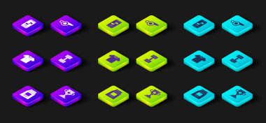 Set Sports nutrition Award cup T-shirt Dumbbell Whistle and Music player icon. Vector.