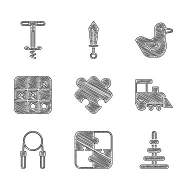 Set Puzzle pieces toy Pyramid Toy train Jump rope Tic tac toe game Rubber duck and Pogo stick jumping icon. Vector.