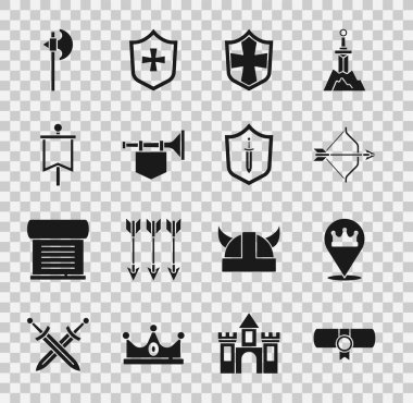 Set Decree parchment scroll Location king crown Medieval bow and arrow Shield Trumpet with flag axe and shield sword icon. Vector.