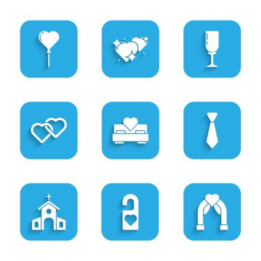 Set Bedroom Please do not disturb Wedding arch Tie Church building Two Linked Hearts Glass of champagne and Balloons form heart icon. Vector.
