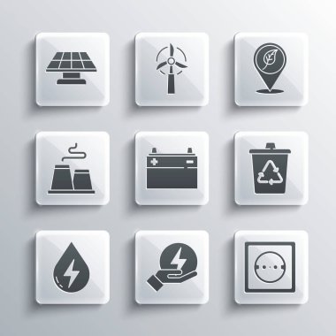 Set Lightning bolt Electrical outlet Recycle bin with recycle Car battery Water energy Factory Solar panel and Location leaf icon. Vector.