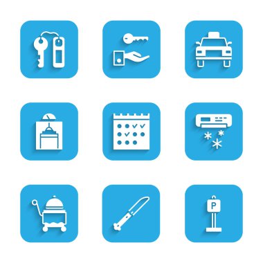 Set Hotel booking calendar Knife Parking Air conditioner Covered with tray Lift Taxi car and door lock key icon. Vector.