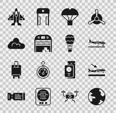 Set Worldwide Plane landing Box flying on parachute Aircraft hangar Cloud weather Jet fighter and Hot air balloon icon. Vector.