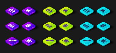 Set Snowboard Hot chocolate cup Sport bag Stone for curling Mountains and First aid kit icon. Vector.