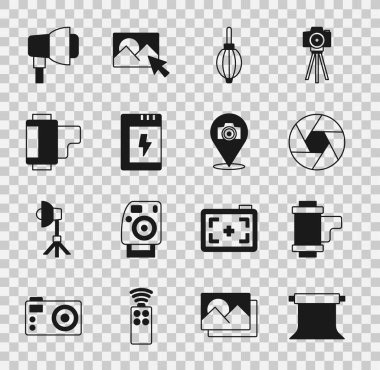 Set Empty photo studio Camera roll cartridge shutter Dust blower Battery for camera Softbox light and Photo icon. Vector.