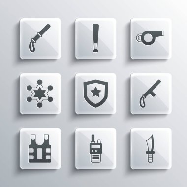 Set Walkie talkie Military knife Police rubber baton badge Bulletproof vest Hexagram sheriff and Whistle icon. Vector.
