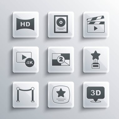 Set Walk of fame star 3D word Movie trophy Old film movie countdown frame Rope barrier Screen tv with 4k Hd movie tape and clapper icon. Vector.