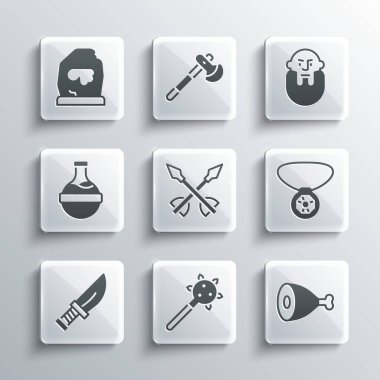 Set Mace with spikes Chicken leg Necklace gem Medieval arrows Dagger Bottle potion Magic rune and Viking head icon. Vector.