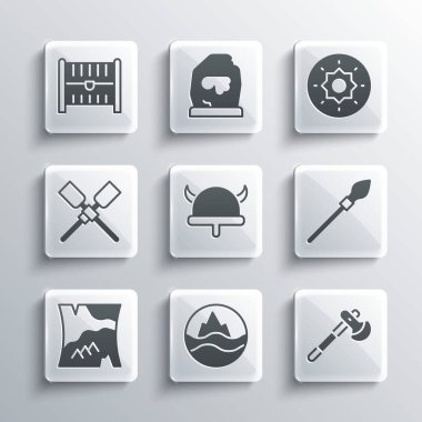 Set Sea and waves Wooden axe Medieval spear Viking in horned helmet Folded map Oars paddles boat Antique treasure chest and Shield viking icon. Vector.