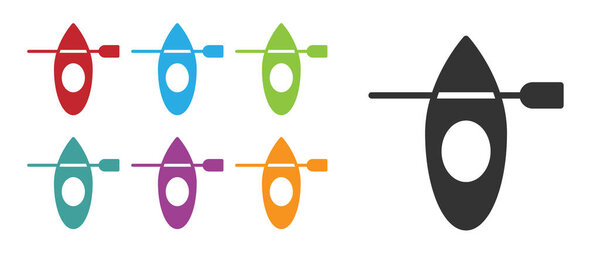 Black Kayak and paddle icon isolated on white background. Kayak and canoe for fishing and tourism. Outdoor activities. Set icons colorful. Vector.