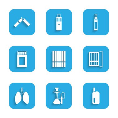 Set Cigarette Hookah Electronic cigarette case Lungs Matchbox and matches and Broken icon. Vector.